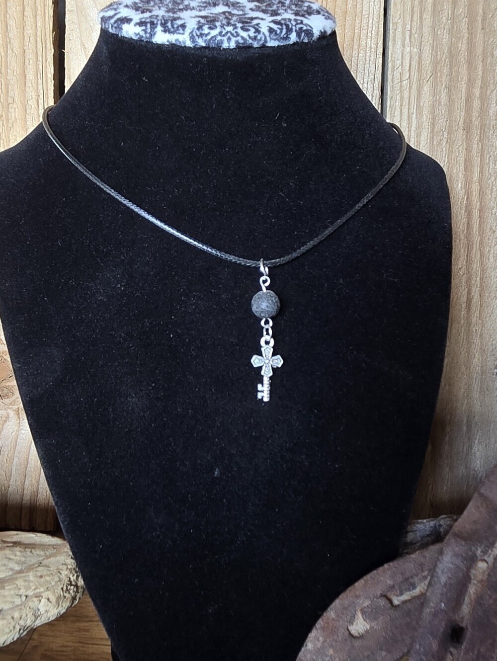 Cross Key Aromatherapy Necklace Lava Bead Christian Faith Jewelry 17"